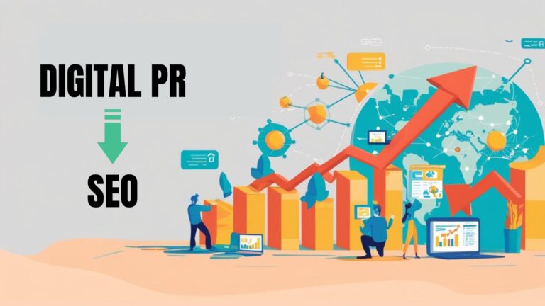 Illustration comparing Traditional PR and Digital Public Relations with icons representing print media, social media, backlinks, and SEO integration.